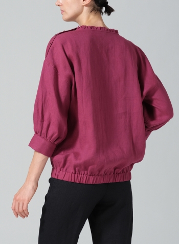 Red Violet Linen Ruffle Collar Relaxed Fit Blouse