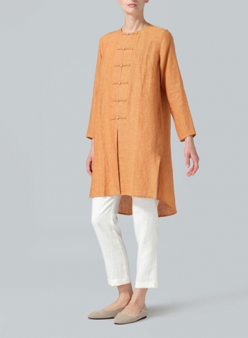 Golden Brown Linen Straight Cut Chinese Button Knots Tunic