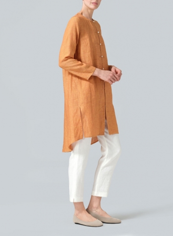 Golden Brown Linen Straight Cut Chinese Button Knots Tunic