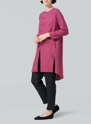 Red Violet Linen Straight Cut Chinese Button Knots Tunic