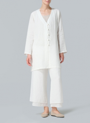 Soft White Linen Handmade Knot Buttons Straight-Cut Top Set