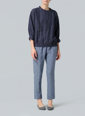 Dark Denim Linen Ruffle Collar Relaxed Fit Blouse