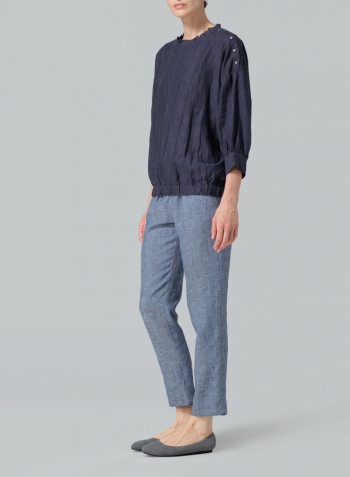 Dark Denim Linen Ruffle Collar Relaxed Fit Blouse