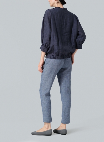 Dark Denim Linen Ruffle Collar Relaxed Fit Blouse