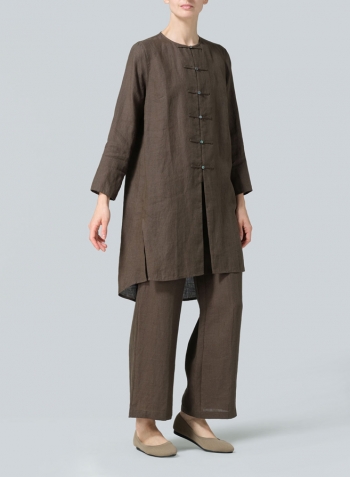 Dark Olive Brown Linen Straight Cut Chinese Button Knots Tunic