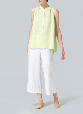 Lime Linen Mandarin Collar A-Line Sleeveless Shirt