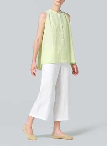 Lime Linen Mandarin Collar A-Line Sleeveless Shirt