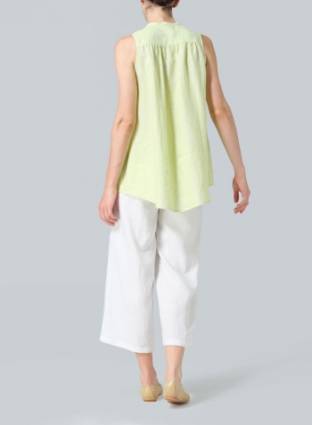 Lime Linen Mandarin Collar A-Line Sleeveless Shirt