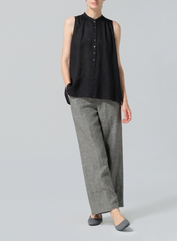 Black Linen Mandarin Collar A-Line Sleeveless Shirt