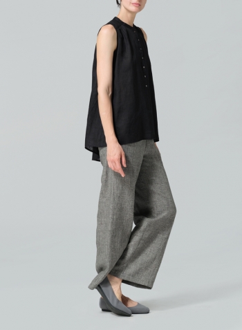 Black Linen Mandarin Collar A-Line Sleeveless Shirt