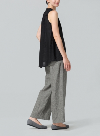 Black Linen Mandarin Collar A-Line Sleeveless Shirt