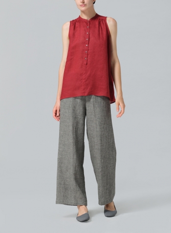 Dull Red Linen Mandarin Collar A-Line Sleeveless Shirt