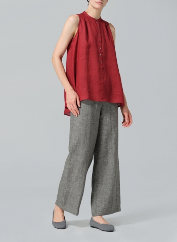 Dull Red Linen Mandarin Collar A-Line Sleeveless Shirt