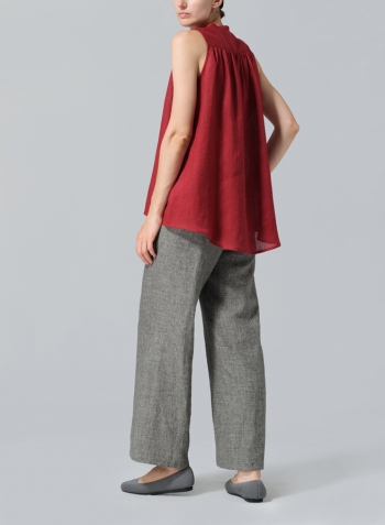 Dull Red Linen Mandarin Collar A-Line Sleeveless Shirt