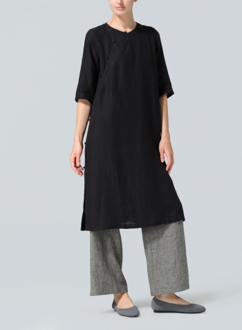 Black Linen Tunic with Vintage Mandarin Knot