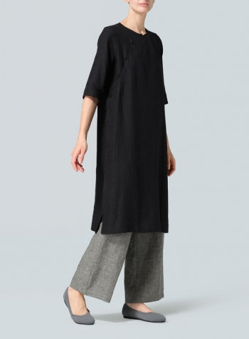 Black Linen Tunic with Vintage Mandarin Knot