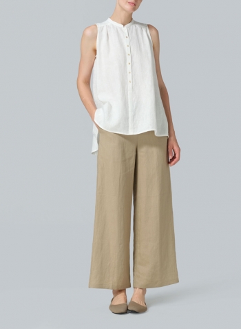 Ivory White Linen Mandarin Collar A-Line Sleeveless Shirt