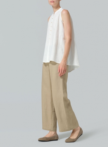 Ivory White Linen Mandarin Collar A-Line Sleeveless Shirt