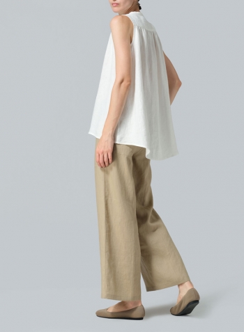 Ivory White Linen Mandarin Collar A-Line Sleeveless Shirt