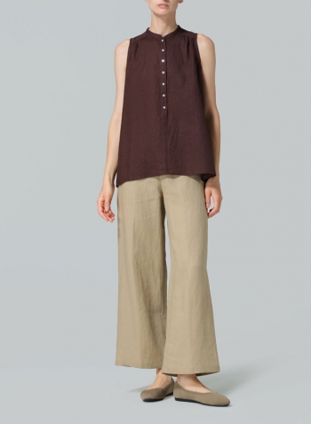 Dark Brown Linen Mandarin Collar A-Line Sleeveless Shirt