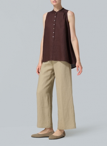 Dark Brown Linen Mandarin Collar A-Line Sleeveless Shirt