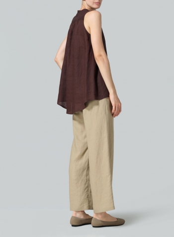 Dark Brown Linen Mandarin Collar A-Line Sleeveless Shirt