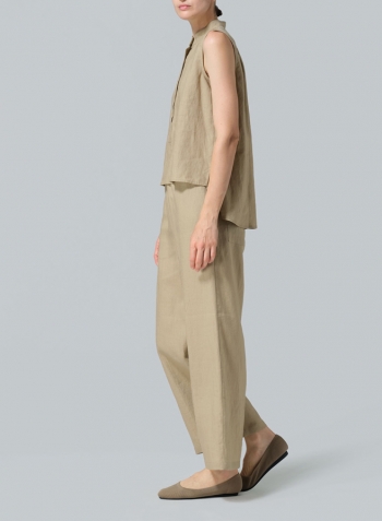 Khaki Sand Linen Mandarin Collar Vest Set