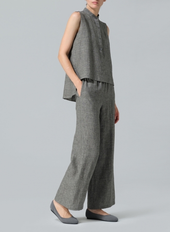 Two Tone Charcoal Linen Mandarin Collar Vest Set