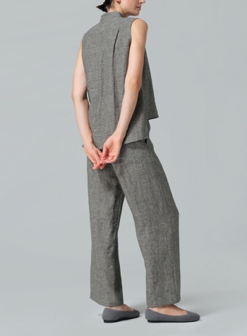 Two Tone Charcoal Linen Mandarin Collar Vest Set