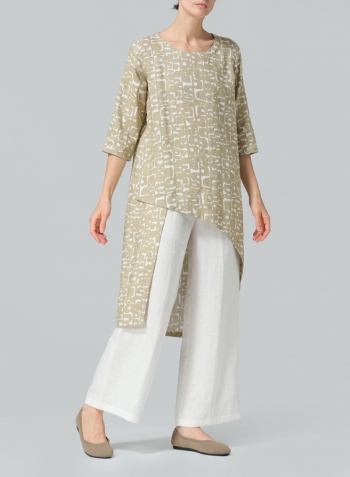 Khaki Print Linen Asymmetrical Tunic