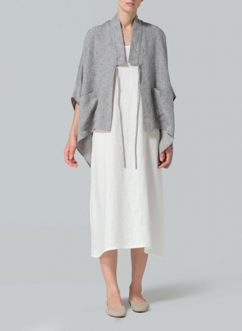 Khaki Gray Linen Tie Rope Short Kimono Jacket