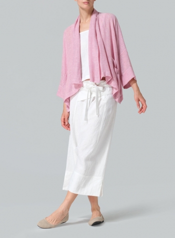 Pink Gauze Linen Shawl Collar Open Front Cropped Jacket