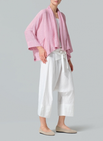 Pink Gauze Linen Shawl Collar Open Front Cropped Jacket