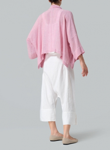 Pink Gauze Linen Shawl Collar Open Front Cropped Jacket