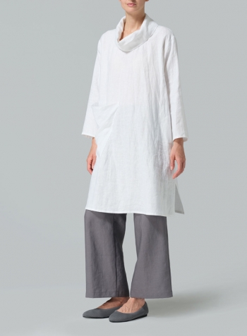 White Linen Cowl Neck Patch Pocket Oversized Tunic