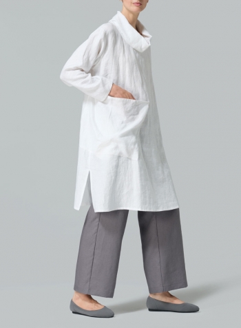 White Linen Cowl Neck Patch Pocket Oversized Tunic