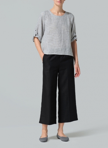 Black Weave Linen Relaxed Fit Boat Neck Top