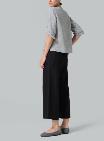 Black Weave Linen Relaxed Fit Boat Neck Top