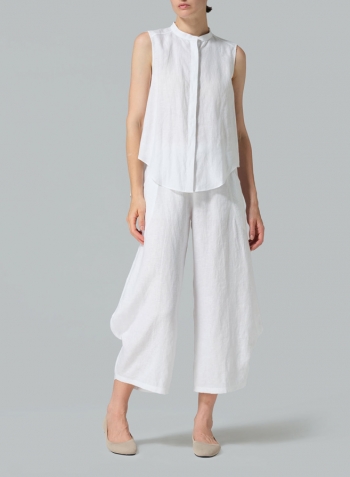 White Linen A-line Sleeveless Top with Mandarin Collar Set