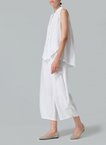 White Linen A-line Sleeveless Top with Mandarin Collar Set