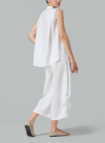 White Linen A-line Sleeveless Top with Mandarin Collar Set