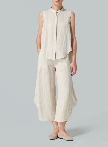 Oat Linen A-line Sleeveless Top with Mandarin Collar Set