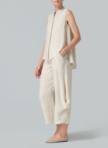 Oat Linen A-line Sleeveless Top with Mandarin Collar Set