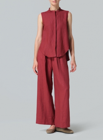 Burgundy Linen A-line Sleeveless Top with Mandarin Collar