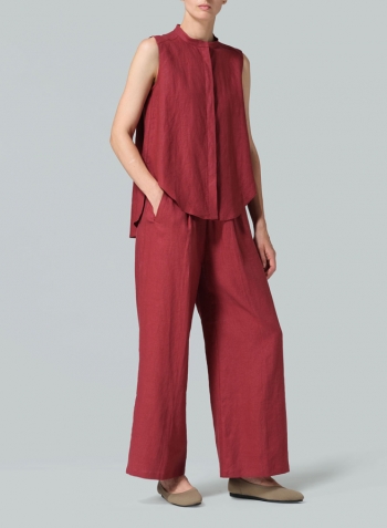 Burgundy Linen A-line Sleeveless Top with Mandarin Collar