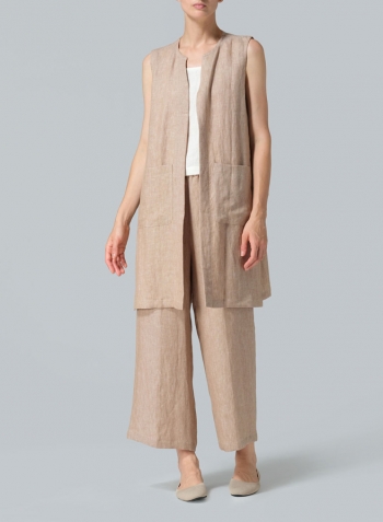 Two Tone Beige Linen Open Front Straight Long Vest Jacket Set