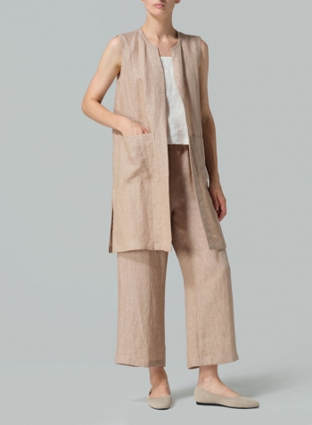 Two Tone Beige Linen Open Front Straight Long Vest Jacket Set