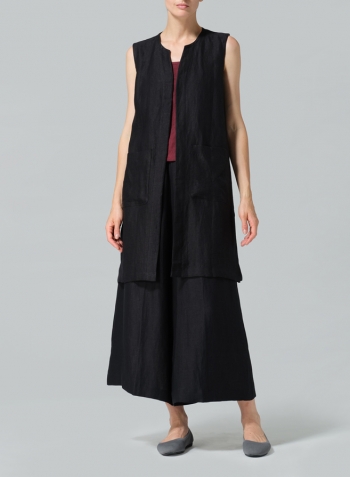 Black Linen Open Front Straight Long Vest Jacket