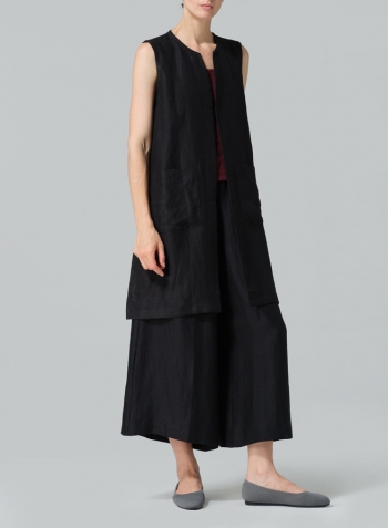 Black Linen Open Front Straight Long Vest Jacket