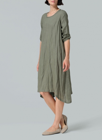 Dark Khaki Linen Flare Midi Dress